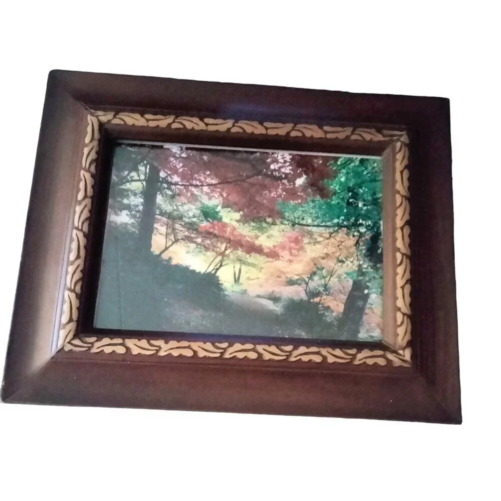 Autumn Pathway Photo Art Print Vintage Wooden Picture Frame Fall Foliage Leaf Co